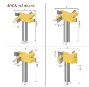 Mz352★お得な4本セット★Tスロットタイプの1/2(12.7mm)シャンク木工用ルータービット 4本★フライスカッター★セット販売★木工ツール