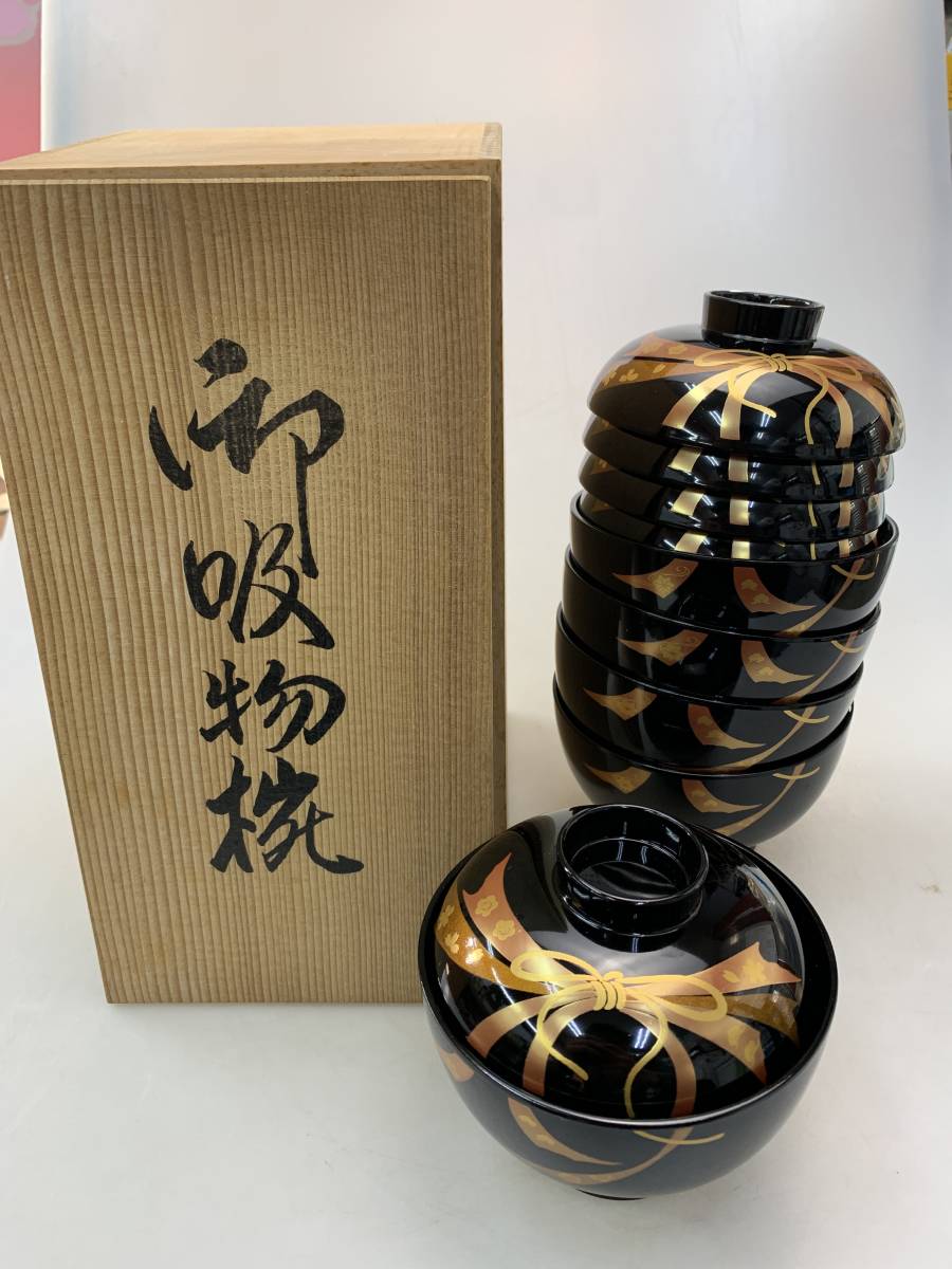 未使用】輪島塗 輪光堂謹製 清三 吸物椀 5客 波蒔絵/波文 千筋 汁椀