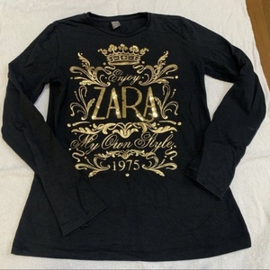 ZARA ザラ キッズ 子供服 長袖 ロンＴ　スパンコールロゴ 13-14years 164cm ストレッチ ブラック
