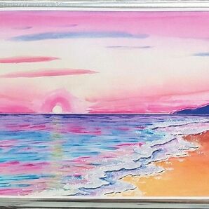 自作絵画印刷作品　夕陽と夕海　A4サイズ　フレーム入り　インテリアに♪ 風景画　水彩画