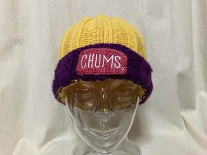 CHUMS チャムス ニット帽子 ロゴ入り 渋イエロー/パープル 中古品