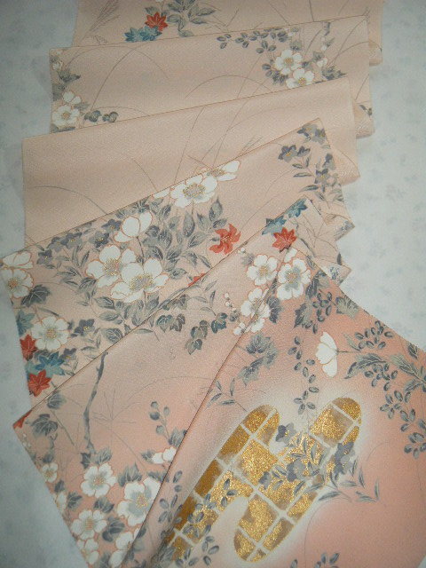 ：旧布 301：粉色, 光环, 纯丝, 各种花和Ekasumi的图片, 172厘米×37厘米, 格子娃娃, 绉纱挂毯, 手工萩, 女士和服, 和服, 古董, 重制材料