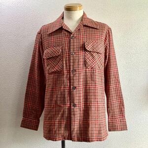 70s JCPenney JCペニー オープンカラーシャツ Ｍ 15-15 1/2 チェックシャツ ウールシャツ ボックスシャツ 衿芯 ヴィンテージ vintage 古着