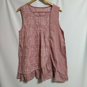 ECONOMICO lady's no sleeve tunic embroidery print hem switch frill dot pattern free size pink 