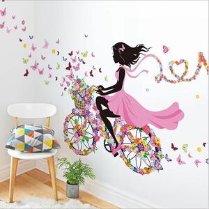 ウォールステッカー YAD153　蝶の少女　自転車　ナチュラル　癒す　DIY 壁紙　インテリアシート　剥がせるシール　送料無料