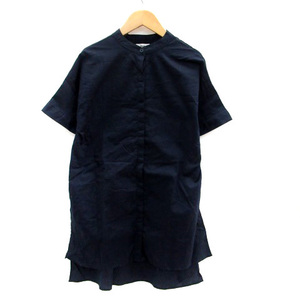 コエ koe カジュアルシャツ 半袖 無地 ロング丈 バンドカラー オーバーサイズ F 紺 ネイビー /HO25 レディース