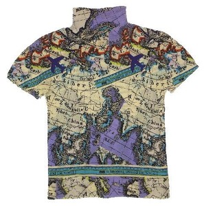 美品 00s 2006 ミーイッセイミヤケ me ISSEY MIYAKE 世界地図柄 プリーツ ハイネック カットソー Tシャツ シャツ 半袖 マップ 飛行機 総柄