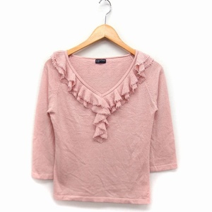  Kumikyoku k Miki .kfamKUMIKYOKU FAM. frill V neck 7 minute sleeve knitted sweater plain 3 pink /FT7 lady's 