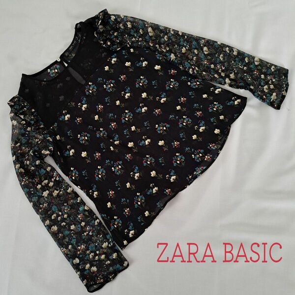 ZARA BASIC ザラ ベーシック　花柄　シアーブラウス　シースルー　フリル　