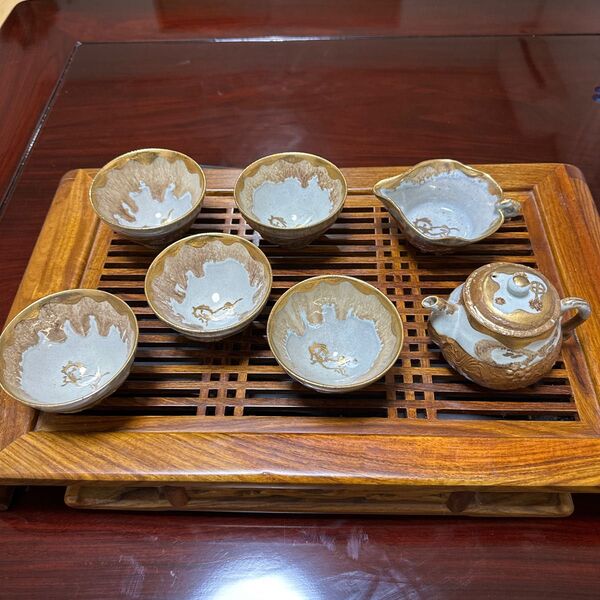希少 相馬焼 古相馬 江戸期 金彩九曜紋 跳ね馬 煎茶道具 骨董品 茶器セット