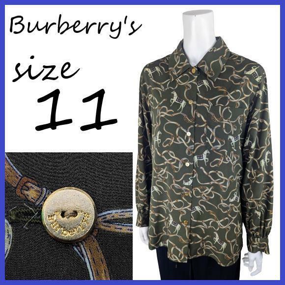 【極美品】【11】希少 入手困難 90's バーバリーズ Burberry's 総柄 シャツ ブラウス カットソー ベルト柄 ホース柄 トップス 金ボタン