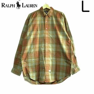 US古着 RalphLauren ラルフローレン 長袖BDシャツ 大振りチェック カーキ ボタンダウンシャツ