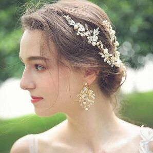 残りわずか！大人気★小枝ヘッドドレス ピアス 2点セット リーフフラワー ヘアアクセサリー 結婚式 ウェディング