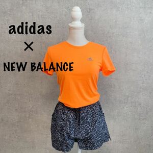 美品 アディダス　adidas セットアップ　ニューバランス ショートパンツ 半袖 オレンジ ネオンカラー 柄パンツ 上下セット スポーツウェア