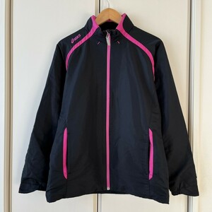 F7149cL asics Asics size L Zip up nylon jacket jumper sport wear black × pink hood storage lady's 