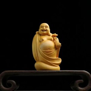 極美品★ 七福神 布袋様 彫刻 仏教工芸 柘植材 財運 木彫仏像