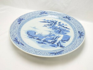 R-062835　江戸期　古伊万里　染付　山水図　花唐草文　1尺7寸　約52cm　大皿(一尺七寸、和食器、和皿)(R-062835)