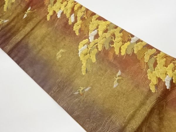 宗sou 高島織物製青銅箔松に鶴・荒波模様織出し袋帯【リサイクル】【着