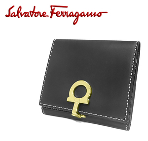 [Супер красивый продукт почти неиспользованный] Ferragamo Ferragamo ganchini bi -fold кошелек компактные кошельки кожа кожа Black Black Gold