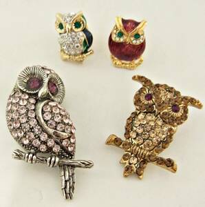 ▲ふくろう☆ミミズク☆鳥☆OWL☆ブローチ☆4点セット☆ハッピーアイテム☆キラキラ☆レディース☆アクセサリー管40851479