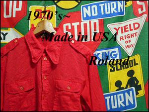 ★珍しいドットプリントの1枚★Made in USA製アメリカ製Rolandローランドビンテージ水玉柄プリントミリタリーデザインシャツ70s70年代M位赤