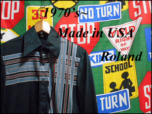 ★希少なブラックベースの1枚★Made in USA製アメリカ製RolandローランドビンテージプリントポリシャツディスコシャツS14 1/2黒色初期タグ