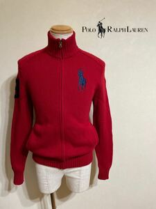 【良品】 Polo Ralph Lauren ポロ ラルフローレン ビッグポニー ウールニット ジップ ジャケット セーター トップス サイズXS 長袖 赤