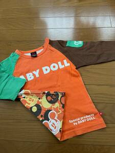 難あり BABY DOLL 120 ベビードール キッズ 男の子 七分袖 Tシャツ トップス ラグラン ディズニー ミッキー ポッケ付き オレンジ 