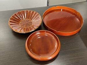 ★【岐阜県 飛騨高山 伝統工芸品 漆器 うるし塗 天然木製】春慶塗 3点セット (30cm 丸盆・20cm 菓子器・23cm はつり鉢/深皿)★