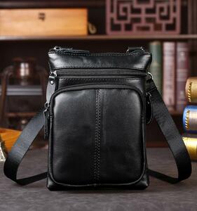 牛革　メンズ レザー ショルダーバッグ 斜めがけ 本革 牛革 鞄 カバン 携帯鞄　軽量 多機能 通勤　黒