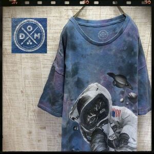 DOM 宇宙飛行猫 プリントTシャツ ネコ タイダイ 紺 半袖 古着 XL ネイビー メンズ レディース おしゃれ 0891