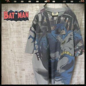 バットマン 転写プリントTシャツ アメコミ DCコミック 半袖 古着 ライトブルーグレー メンズ レディース 0908