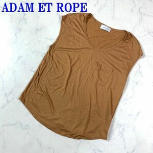 アダムエロぺ フレンチスリーブ Tシャツ 麻 茶色 キャメル ADAM ET ROPE ブラウン系 リネン ポケット ゆったり オーバーサイズ 38 C5297