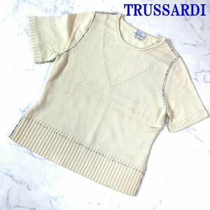 トラサルディ ウール100％ 半袖切替ニット アイボリー TRUSSARDI カジュアル リブニット 44 C5434