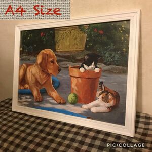 アンティーク 雑貨 アメリカ 猫 ネコ アート 絵画 切抜き複写額付き　A4