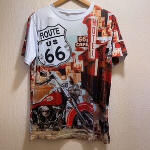 新品★モーターサイクル&風景画★ルート66Tシャツ★総柄★ユニセックス★LプリントTシャツ
