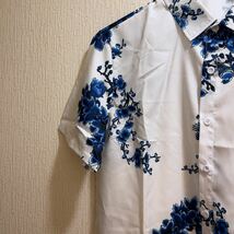 【商品名】新品★ホワイト★ブルー★花木＆小鳥アロハシャツ和風★ユニセックス★L半袖シャツ _画像4