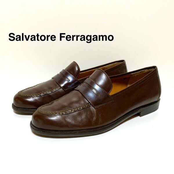 ☆良品 サルヴァトーレフェラガモ Salvatore Ferragamo レザー コインローファー シューズ 濃茶 イタリア製 革靴 ペニーローファー