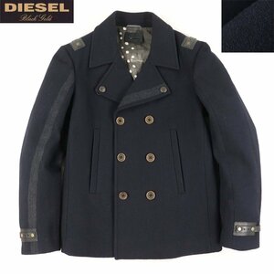 相場価格￥88,000- 美品 DIESEL BLACK GOLD ディーゼル ブラックゴールド 牛革レザー使用 圧縮ウール Pコート ピーコート 濃紺 ネイビー L