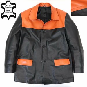  beautiful goods Factory thing original leather Donkey jacket black x orange bai color 46 JP:M-L turn-down collar coat men's -