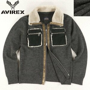 美品 上野商会 AVIREX アヴィレックス 6154010 羊革 ムートン切替 ミリタリー ニットブルゾン チャコールグレー M ジャケット