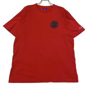 Champion(チャンピオン)半袖Tシャツ プリントロゴ 目付き メンズL レッド系