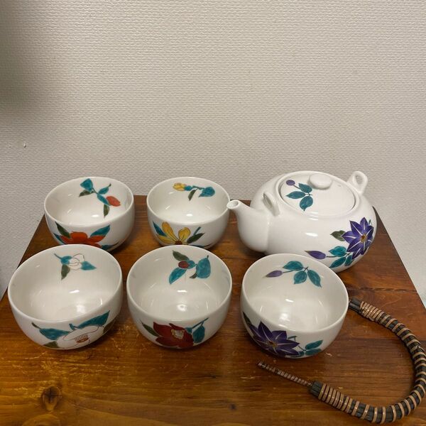 【新品・未使用】美濃焼 五草花 土瓶茶器揃 磁器製 ステンレス茶こし付 日本製