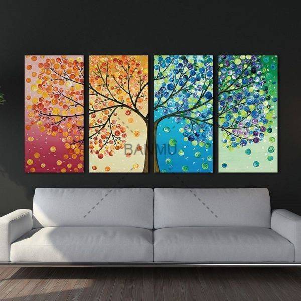 Fabric Panel Interior Art Panel Four Seasons Tree Painting Modern Interior Living Room Set of 4 40 x 80, Tapestry, Wall Mounted, Tapestry, Fabric Panel