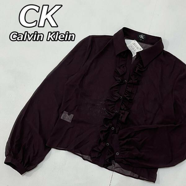 【CK Calvin Klein】カルバンクライン フリル ブラウス シャツ 薄手 ポリエステル えんじ色 ワインレッド レディース