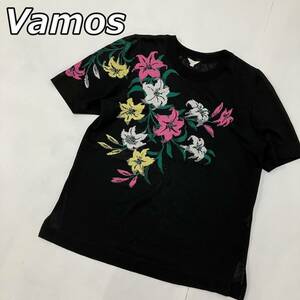 【Vamos】バーモス フラワー 花柄 クルーネック 半袖ニット Tシャツ カットソー 裾スリット入り 黒 ブラック D-TK1851