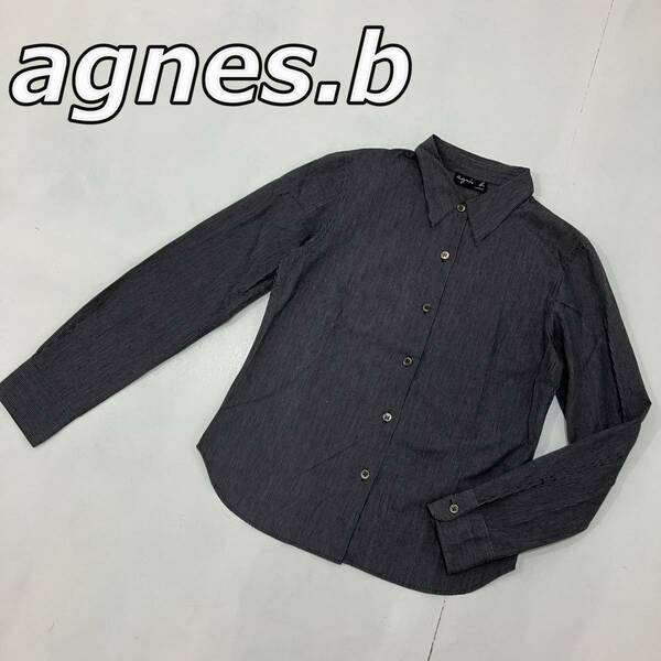 【agnes.b】アニエスベー ストライプ柄 長袖シャツ 灰 黒 グレー ブラック レディース
