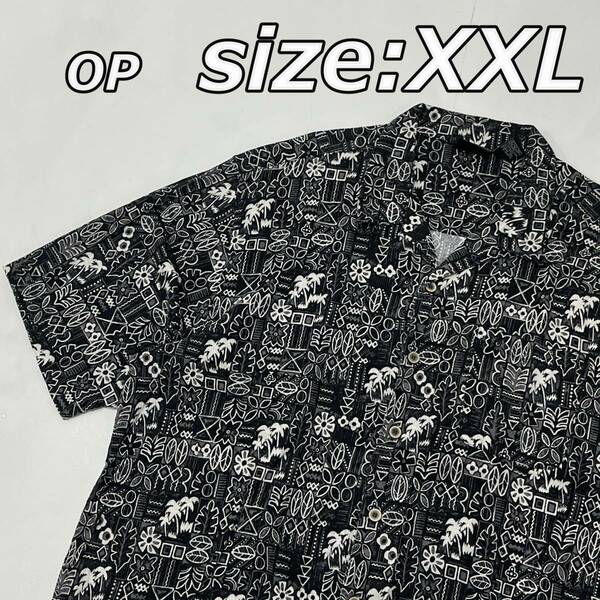size:XXL【OP】オーシャンパシフィック 南国柄 グラフィティ アロハシャツ オープンカラー ボックス ビッグサイズ 黒 ブラック