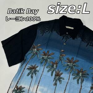 size:L【Batik Bay】バティックベイ レーヨン100％ ヤシの木 南国柄 アロハシャツ ボックス パネルプリント