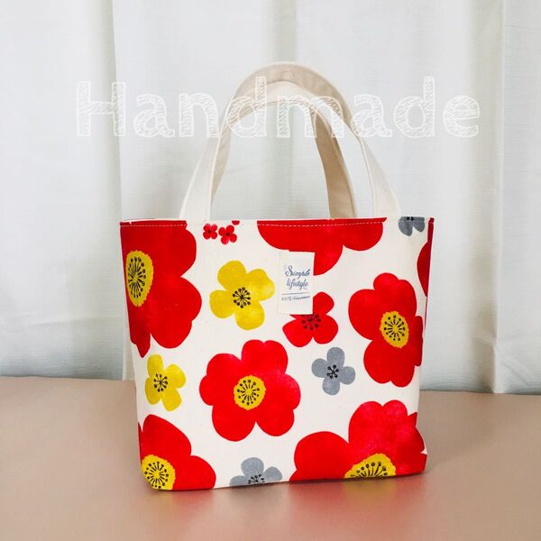 花柄シンプルミニトートバッグ(赤/生成り)*ハンドメイド